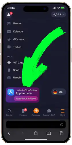 VOX Casino App - Finde im Menü die Schaltfläche Auf Telefon installieren