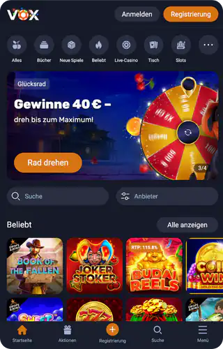 Vox Casino app Klicke auf der offiziellen Website oben rechts auf Registrieren