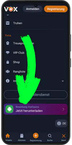 VOX Casino App - Scrolle im Menü ganz nach unten und klicke auf die Schaltfläche Herunterladen